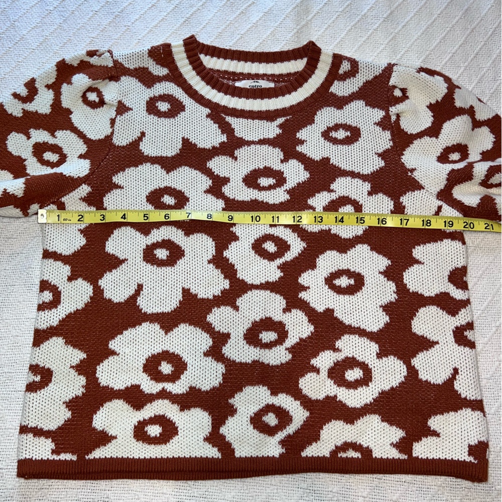 Entro Floral Knit Sweater Top Size M Brown Cream Retro Puff Sleeve - Picture 7 of 8